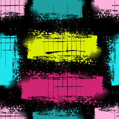 Modern abstract pattern featuring neon paint blocks, gritty textures, splashes and hand drawn grid lines. Perfect for urban fashion, streetwear textiles, posters, branding, packaging.