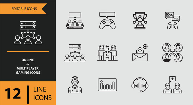 Essential line icons for online and multiplayer gaming platforms and communities