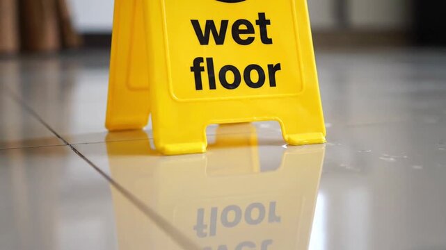 A caution sign indicating a wet floor with a clear reflection.