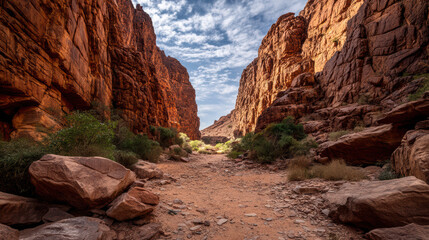 A breathtaking view of a vast canyon with towe red rock cliffs and a sandy path leading into the distance under a partly cloudy blue sky on a sunny day.
