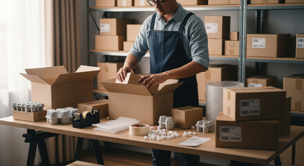 A man in an apron packing cardboard boxes for shipping in a organized warehouse or home office environment