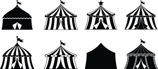 Set of circus tent silhouettes with striped designs, decorative festival canopies, vintage carnival style vector illustration elements for event themes © Faruk Here