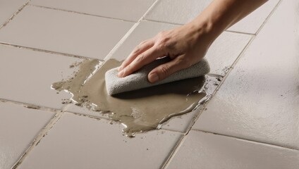 Hand applying grout on tiles with a sponge for home improvement.