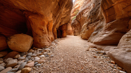 Beautiful narrow canyon with rock formations in warm light with pebbles and smooth rocks for the walking path through desert valley region in Jordan, Asia.