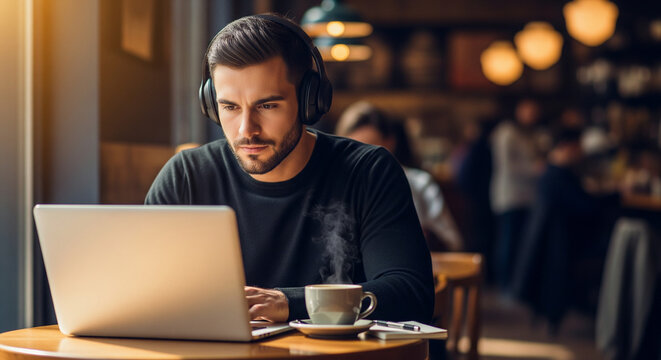 A young man wearing noise-canceling headphones working on his laptop in a warm, atmospheric coffee shop - Powered by Adobe