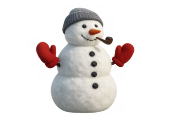 Snowman with red mittens and grey knitted hat, smoking a pipe, celebrating winter holidays and christmas season