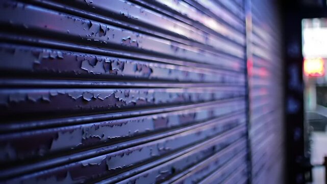 Grungy Metal Shutter Door with Peeling Paint in Urban Setting.