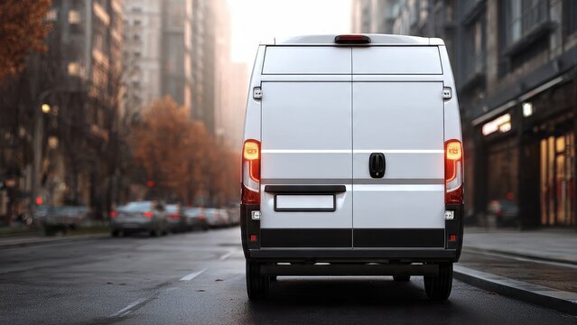 Rear view of a white cargo delivery van stopped on a wet city street in autumn. Template for logistics, transportation, and commercial vehicle branding mockup.