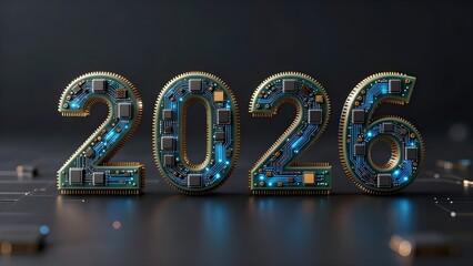 New year 2026 concept. 3D illustration of new year 2026 on circuit board. Year of artificial intelligance