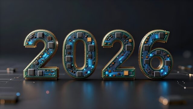 New year 2026 concept. 3D illustration of new year 2026 on circuit board. Year of artificial intelligance