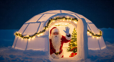 Santa Claus waving from inside an illuminated igloo at night snow winter new.design creative 4k hd isolated on a transparent background