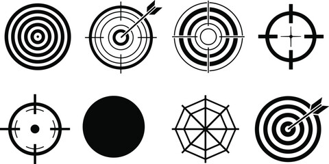Set of eight black target and bullseye icons with arrows and crosshairs isolated on white background vector illustration design for business goal