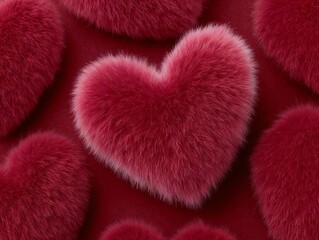 Red fluffy heart shapes on soft textured red background