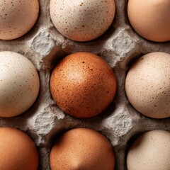 Speckled brown and white eggs in cardboard carton top view