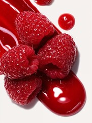 Fresh raspberries with juice splash on white background