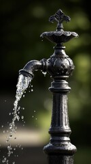 Vintage Black Metal Fountain Water Spout in Outdoor Garden Scene