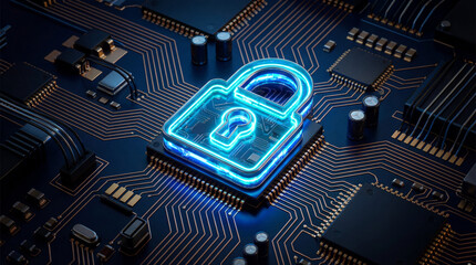 Cybersecurity Concept with Digital Lock and Circuit Board