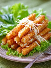 Fried mozzarella sticks with melted cheese and fresh lettuce