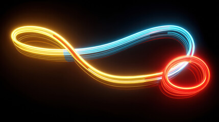 A vibrant infinity symbol glows brightly, with a neon blue loop transitioning into yellow, terminating in a red circle against a sleek black background aesthetic.