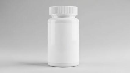 Minimalist white pill bottle with white cap on plain background for medicine