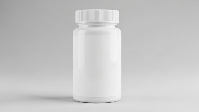 Minimalist white pill bottle with white cap on plain background for medicine