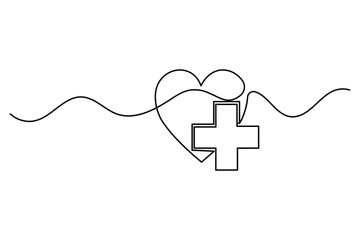 Heart and medical cross in one continuous line drawing
