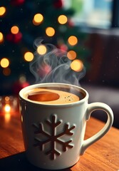 Obraz premium Steaming coffee in a festive snowflake mug with warm holiday lights. ☕❄️✨