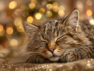 Domestic tabby cat peacefully sleeping on a soft golden blanket, surrounded by warm bokeh lights, creating a cozy and serene atmosphere for holiday relaxation