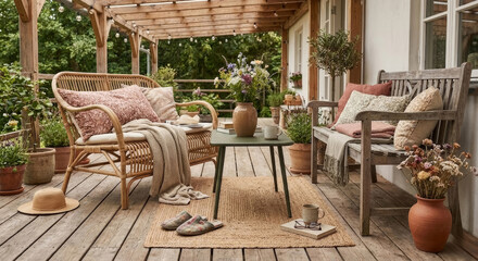 Fototapeta premium Cozy outdoor seating area featuring a rattan sofa, decorative pillows, a green table, and potted plants, creating a welcoming atmosphere for relaxation and enjoyment