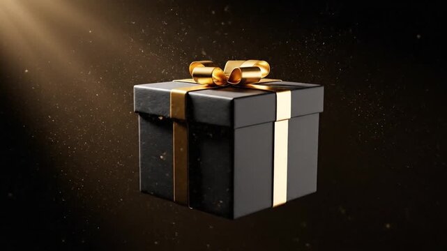 Three black gift boxes with gold ribbon and bow floating in dark space