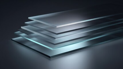 Smooth glass panels arranged in layered offset sequence edges illuminated with faint glow shadows proportional and realistic subtle