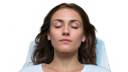 Patient lying down with closed eyes on a cat scan bed, undergoing a medical examination procedure, with transparent background for easy compositing