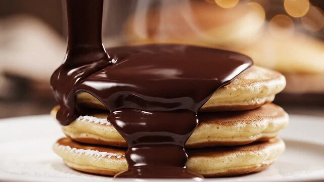 Close-up shot, slow motion. Thick, glossy melted dark chocolate being poured over a stack of fluffy pancakes. The chocolate ripples and coats the edges perfectly. High-end commercial lighting, 4k,