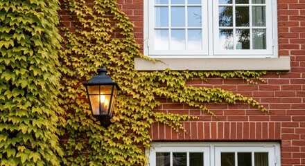 Ivy-Clad Facade: An inviting glimpse of architectural charm, with verdant ivy adorning a brick facade, framing a window and a vintage lantern that emits a warm glow.