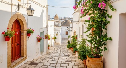Fototapeta premium Charming White Street: Capture the picturesque beauty of a quaint white street adorned with vibrant flowers and historic architecture, bathed in soft daylight.
