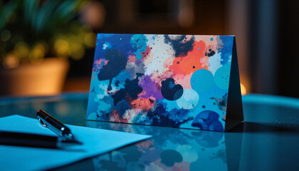 Artistic gift card with abstract design on reflective table at night, personalization
