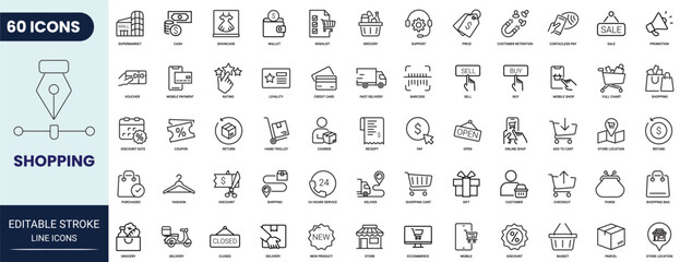 Shopping line icon set. Includes Online shopping, store, delivery, promotion, shopping cart and more. Editable stroke. Vector illustration. © Gretta