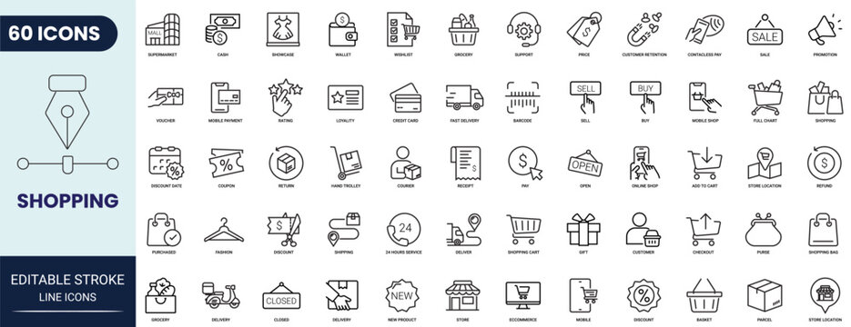 Shopping line icon set. Includes Online shopping, store, delivery, promotion, shopping cart and more. Editable stroke. Vector illustration.