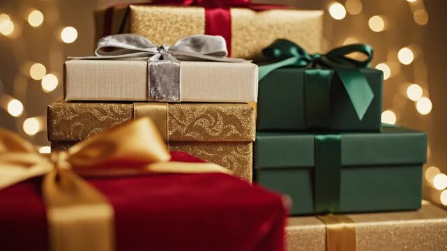 Colorful wrapped gifts stacked with gold and silver bows on a festive background