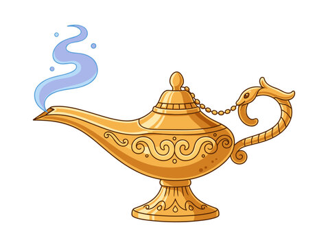 Golden magic lamp emitting blue genie smoke