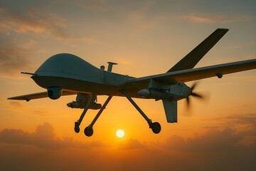 Military drone flying against a vibrant sunset sky, silhouetted with visible propeller and landing gear, highlighting UAV technology in defense and surveillance.