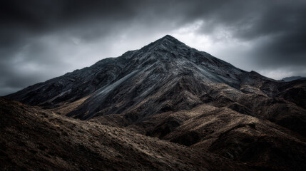 A dramatic, moody landscape shows a tall, pointed mountain peak under a dark, stormy sky, with rugged terrain and shadows creating a sense of depth and grandeur.