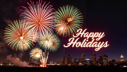 Colorful fireworks lighting up night sky above skyline, festive celebration