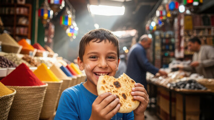 Smiling child holding fresh flatbread at traditional spice market bazaar.