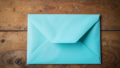 Turquoise envelope resting on wooden surface, conveying personal message