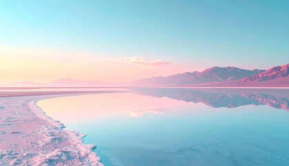Colorful dreamy Salt Lake landscape with soft clouds reflected on calm water, pastel sky and minimal composition. Ideal for mindfulness, wellness, meditation and website header designs.