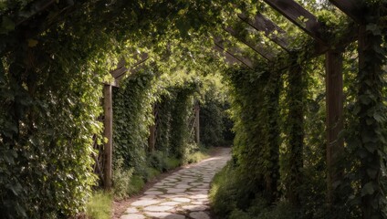 Lush Green Garden Arbor with Stone Path and Sunlight.