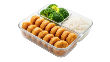 Healthy bento box with chicken nuggets broccoli and rice on transparent background