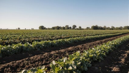 Lush Green Vegetable Field Under a Clear Blue Sky.