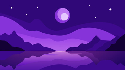 Fototapeta premium A serene purple night landscape illustration showing mountains reflecting in a calm lake under a large moon